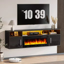Floating Fireplace TV Stand 70'' Wall Mounted Shelf, LED Light Entertainment Center and Storage, Modern Wood Media TV Console with Highlight Cabinet for Living Room