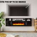 Floating Fireplace TV Stand 70'' Wall Mounted Shelf, LED Light Entertainment Center and Storage, Modern Wood Media TV Console with Highlight Cabinet for Living Room