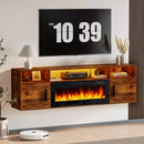 Floating Fireplace TV Stand 70'' Wall Mounted Shelf, LED Light Entertainment Center and Storage, Modern Wood Media TV Console with Highlight Cabinet for Living Room