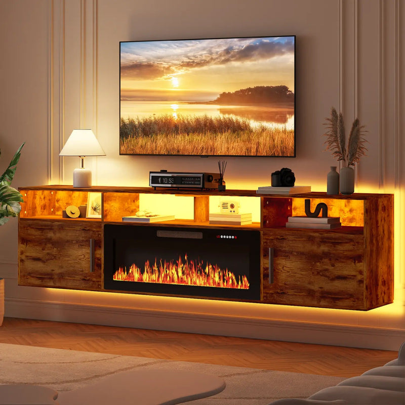Floating Fireplace TV Stand 70'' Wall Mounted Shelf, LED Light Entertainment Center and Storage, Modern Wood Media TV Console with Highlight Cabinet for Living Room