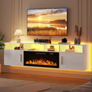 Floating Fireplace TV Stand 70'' Wall Mounted Shelf, LED Light Entertainment Center and Storage, Modern Wood Media TV Console with Highlight Cabinet for Living Room