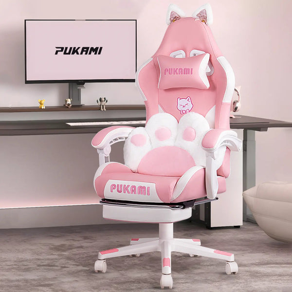 Gaming Chair with Cat Ears and Cat Paw Cushion Pillow