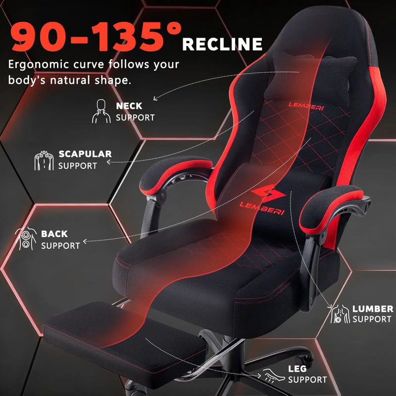 LEMBERI Gaming Chair, Fabric Big and Tall Video Game Chairs for Adults with Footrest,Racing Style Ergonomic Computer Gamer Chair with Headrest and Lumbar Support