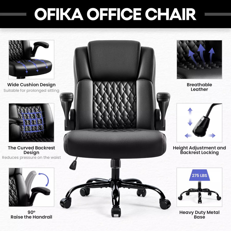 OFIKA Leather Office Desk Chair,Ergonomic Office Chair with Lumbar Support,Computer Chair,Executive Leather Chair with Padded Flip-up Arm,Adjustable Armrests, Black