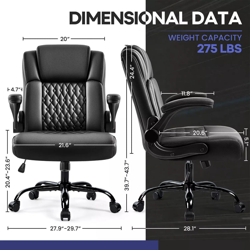 OFIKA Leather Office Desk Chair,Ergonomic Office Chair with Lumbar Support,Computer Chair,Executive Leather Chair with Padded Flip-up Arm,Adjustable Armrests, Black