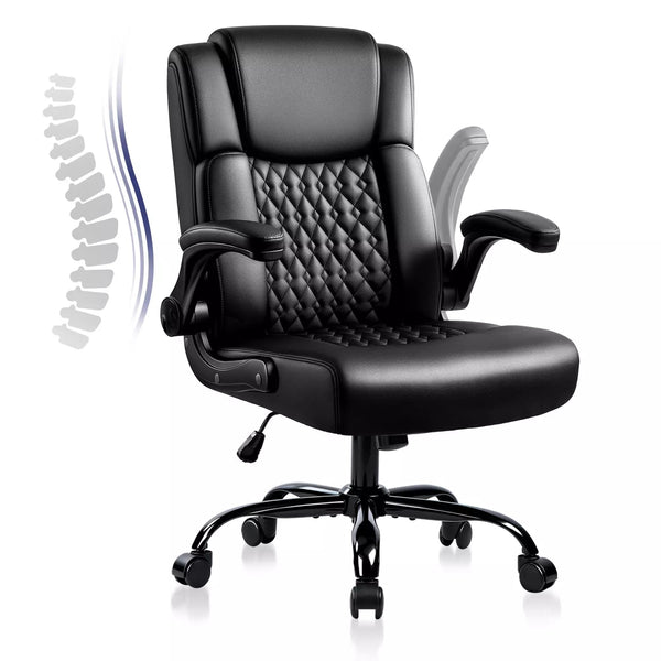 OFIKA Leather Office Desk Chair,Ergonomic Office Chair with Lumbar Support,Computer Chair,Executive Leather Chair with Padded Flip-up Arm,Adjustable Armrests, Black