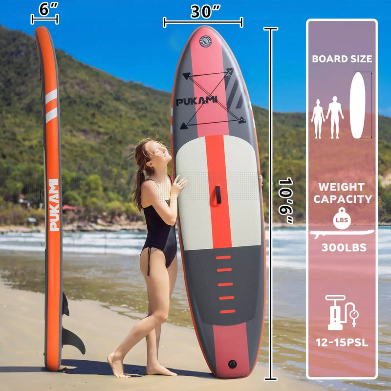 PUKAMI 10'6" Inflatable Stand Up Paddle Board with Premium SUP Paddle Board