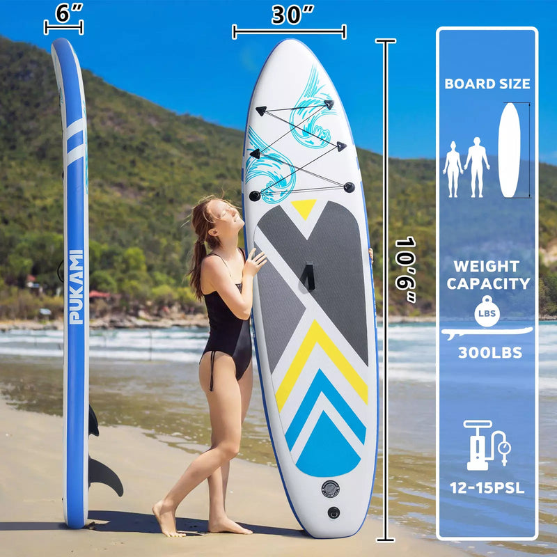 PUKAMI 10'6" Inflatable Stand Up Paddle Board with Premium SUP Paddle Board