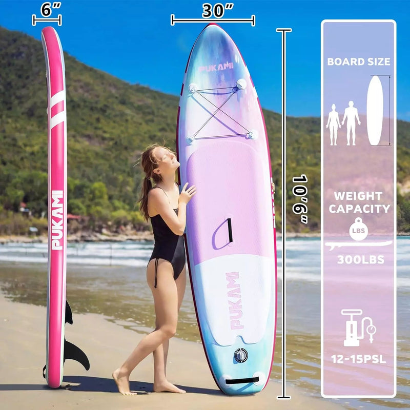 PUKAMI 10'6" Inflatable Stand Up Paddle Board with Premium SUP Paddle Board