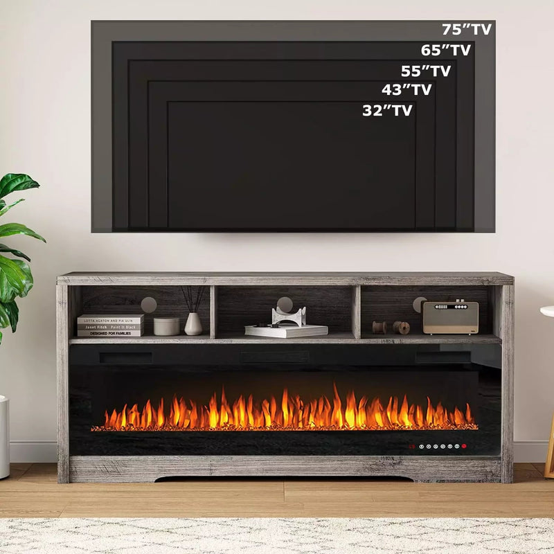 PUKAMI 65 inches Fireplace TV Stand for TVs Up to 75" TV with 60" Electric Fireplace