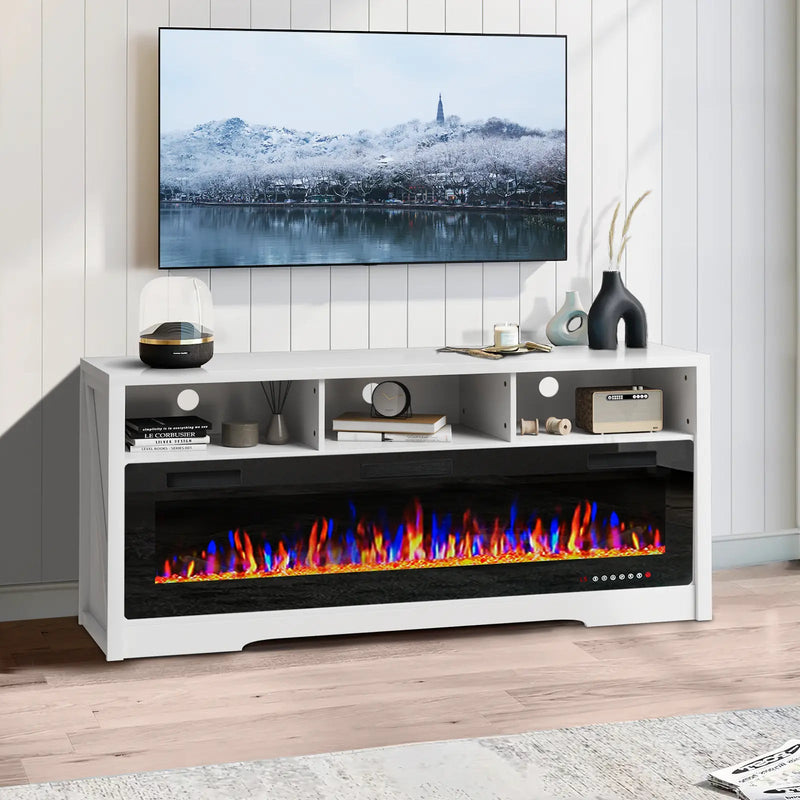 PUKAMI 65 inches Fireplace TV Stand for TVs Up to 75" TV with 60" Electric Fireplace