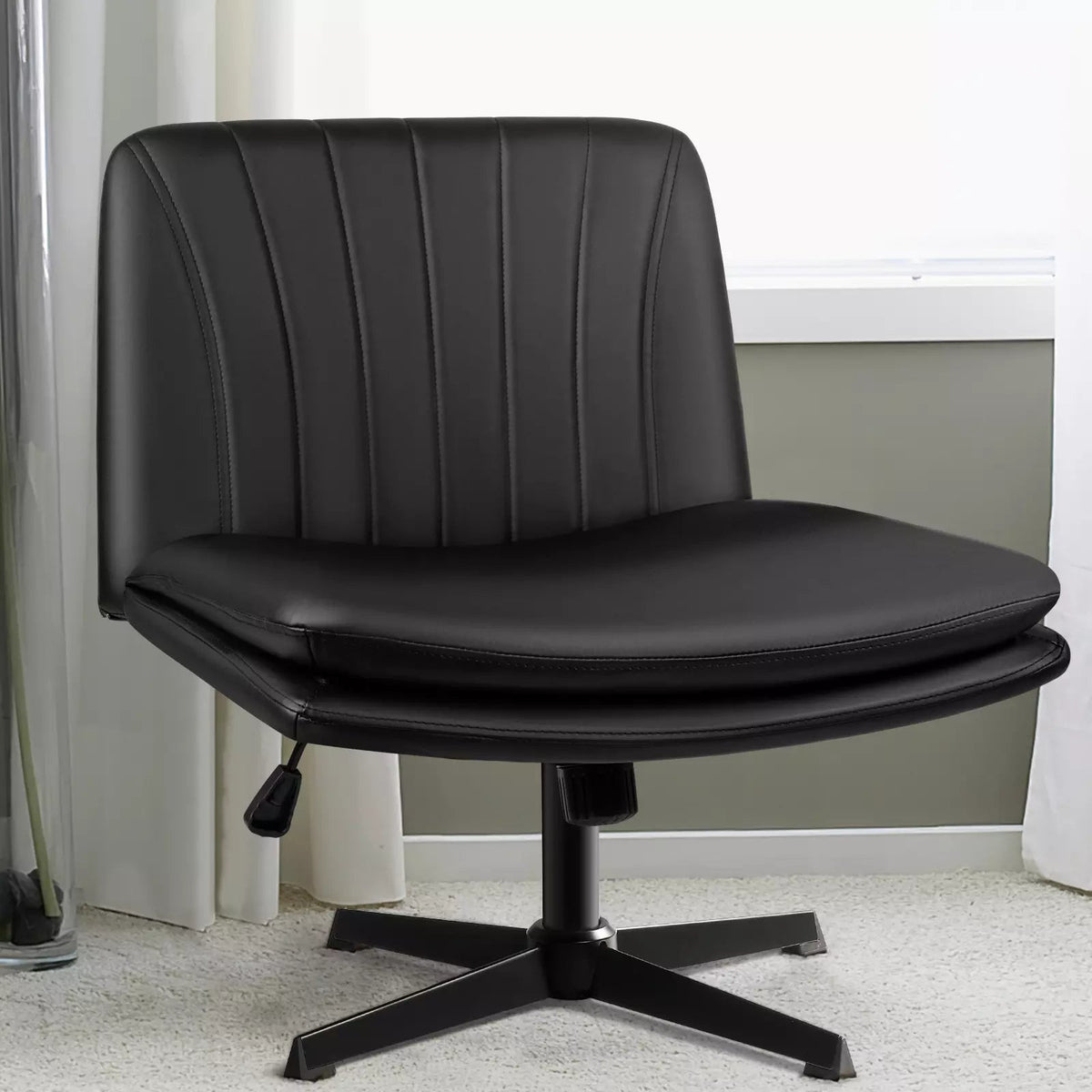 PUKAMI Armless Desk Chair No Wheels, PU Leather Wide Seat Task Chair