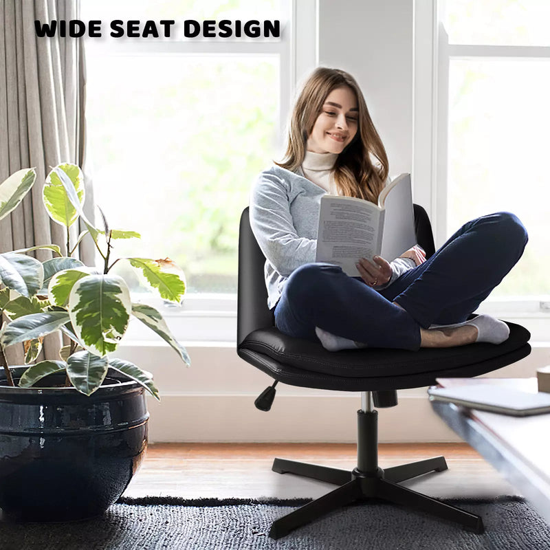 PUKAMI Armless Desk Chair No Wheels, PU Leather Wide Seat Task Chair