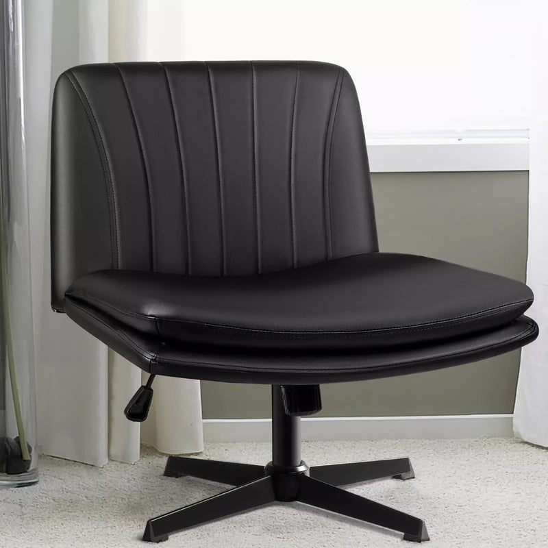 PUKAMI Armless Desk Chair No Wheels,PU Leather Criss Cross Legged for Home Office