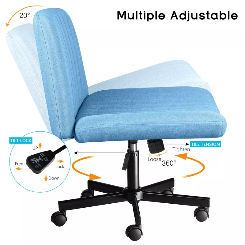 PUKAMI Armless Office Desk Chair with Wheels, Fabric Padded Cross Legged Chair