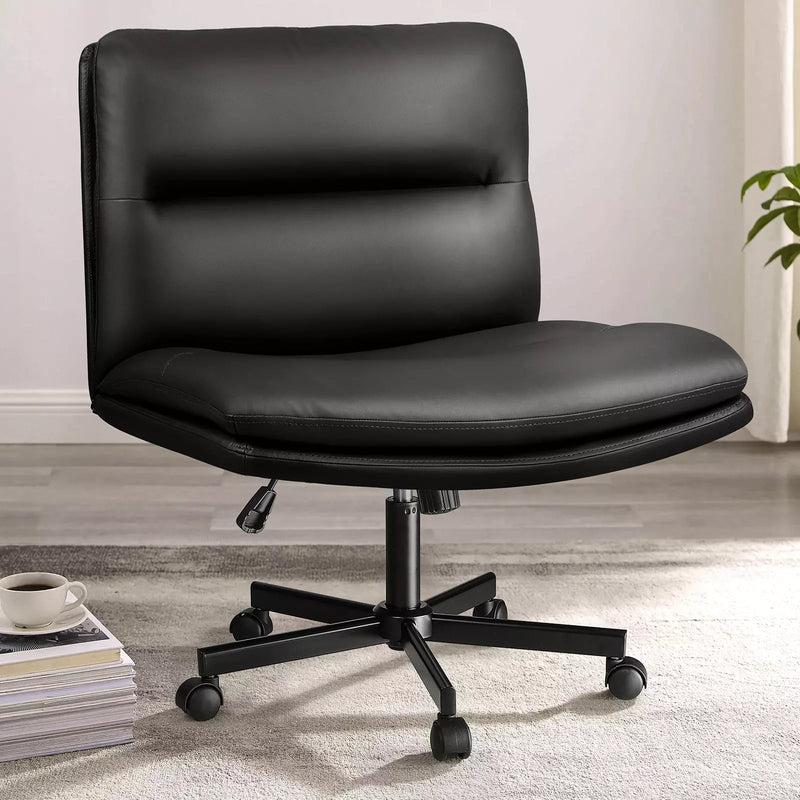 PUKAMI Armless Office Desk Chair with Wheels, Fabric Padded Cross Legged Chair