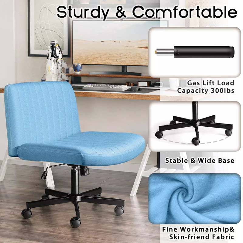 PUKAMI Armless Office Desk Chair with Wheels, Fabric Padded Cross Legged Chair