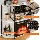PUKAMI Bar Cabinet with Fireplace,Home Mini Bar Cabinet for Liquor with Power Outlet and LED Lights, Wine Bar Table Stand with 4-Tier Storage with Rack and Glass Holder