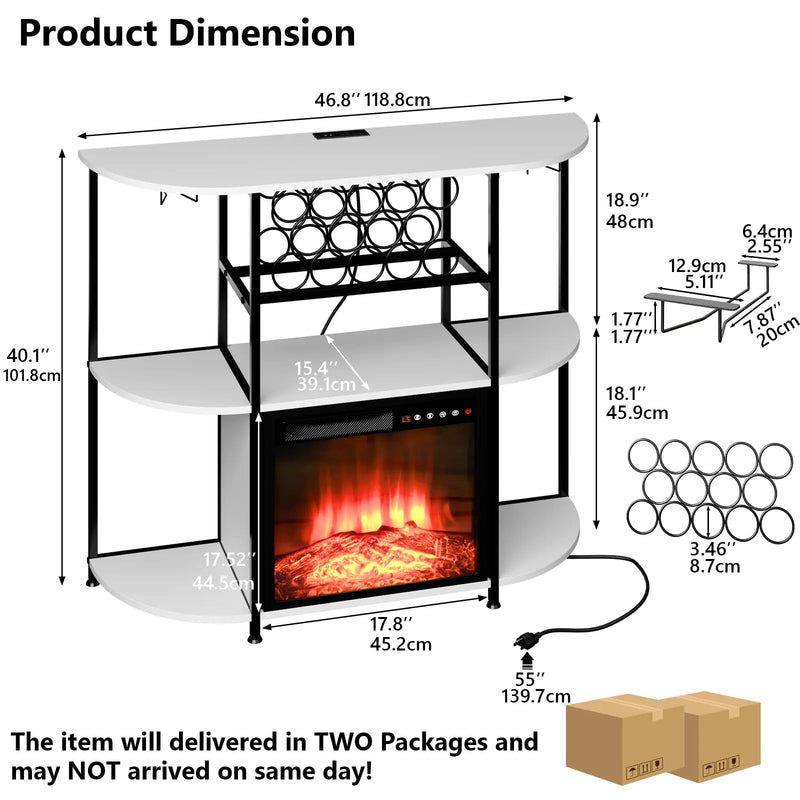 PUKAMI Bar Cabinet with Fireplace,Home Mini Bar Cabinet for Liquor with Power Outlet and LED Lights, Wine Bar Table Stand with 4-Tier Storage with Rack and Glass Holder