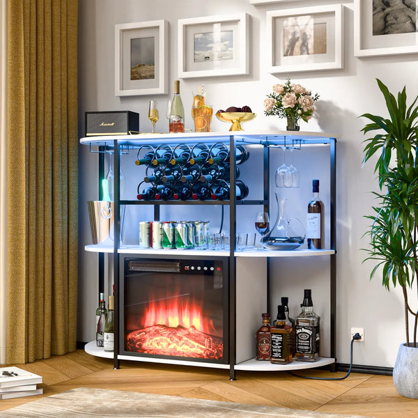 PUKAMI Bar Cabinet with Fireplace,Home Mini Bar Cabinet for Liquor with Power Outlet and LED Lights, Wine Bar Table Stand with 4-Tier Storage with Rack and Glass Holder