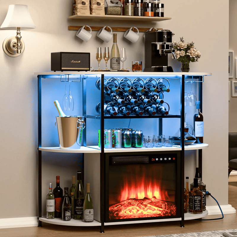 PUKAMI Bar Cabinet with Fireplace,Home Mini Bar Cabinet for Liquor with Power Outlet and LED Lights, Wine Bar Table Stand with 4-Tier Storage with Rack and Glass Holder