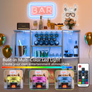 PUKAMI Bar Cabinet with Fireplace,Home Mini Bar Cabinet for Liquor with Power Outlet and LED Lights, Wine Bar Table Stand with 4-Tier Storage with Rack and Glass Holder