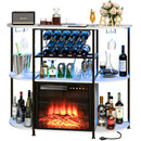 PUKAMI Bar Cabinet with Fireplace,Home Mini Bar Cabinet for Liquor with Power Outlet and LED Lights, Wine Bar Table Stand with 4-Tier Storage with Rack and Glass Holder