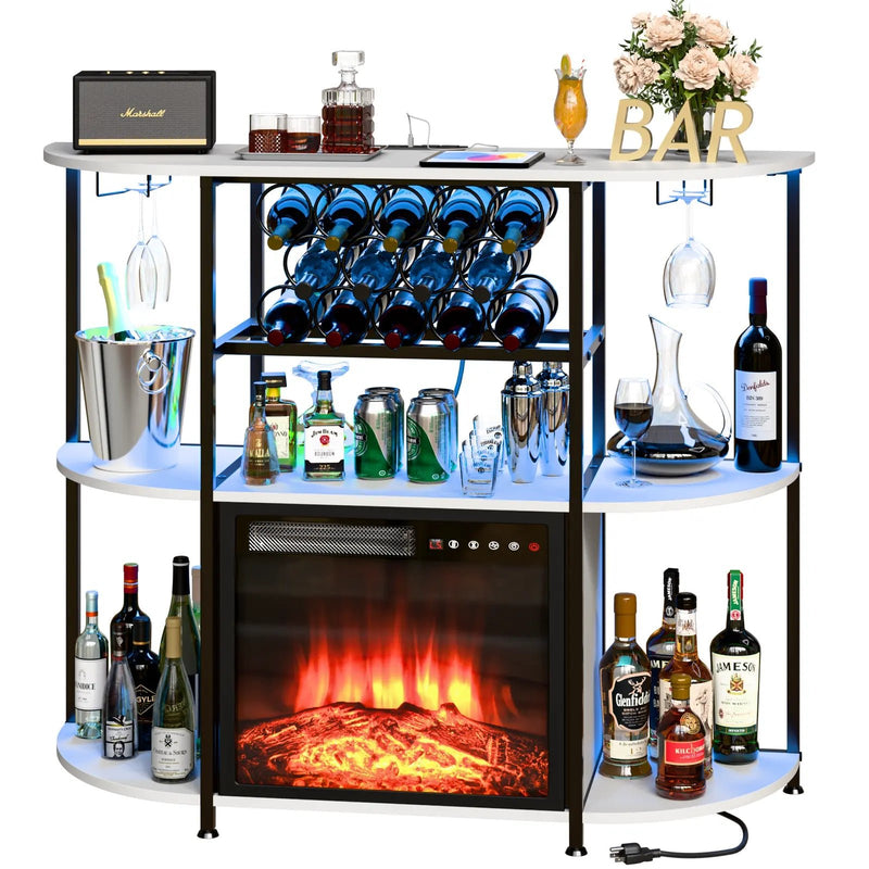 PUKAMI Bar Cabinet with Fireplace,Home Mini Bar Cabinet for Liquor with Power Outlet and LED Lights, Wine Bar Table Stand with 4-Tier Storage with Rack and Glass Holder