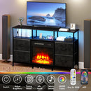 PUKAMI Fireplace TV Stand with 4 Fabric Drawers, TV Stand Dresser with LED Lights and Power Outlets, Fireplace Entertainment Center with Open Shelf for 43,50 Inch TV, for Living Room