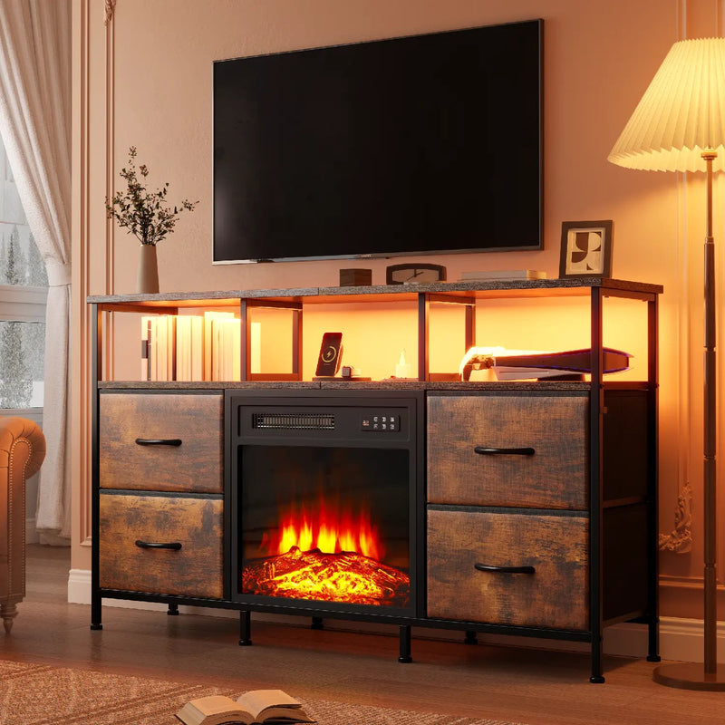 PUKAMI Fireplace TV Stand with 4 Fabric Drawers, TV Stand Dresser with