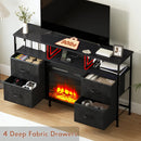 PUKAMI Fireplace TV Stand with 4 Fabric Drawers, TV Stand Dresser with LED Lights and Power Outlets, Fireplace Entertainment Center with Open Shelf for 43,50 Inch TV, for Living Room
