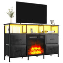 PUKAMI Fireplace TV Stand with 4 Fabric Drawers, TV Stand Dresser with LED Lights and Power Outlets, Fireplace Entertainment Center with Open Shelf for 43,50 Inch TV, for Living Room