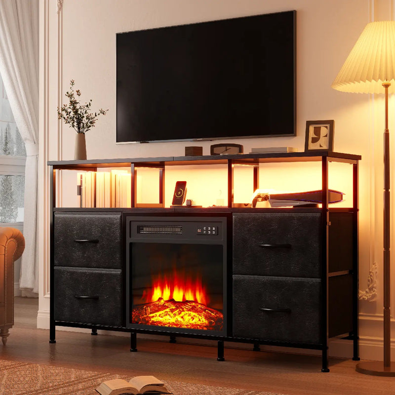 PUKAMI Fireplace TV Stand with 4 Fabric Drawers, TV Stand Dresser with