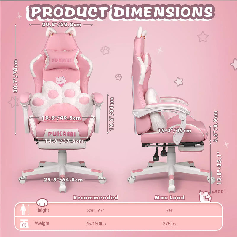 PUKAMI Gaming Chair with Cat Ears and Cat Paw Cushion Pillow