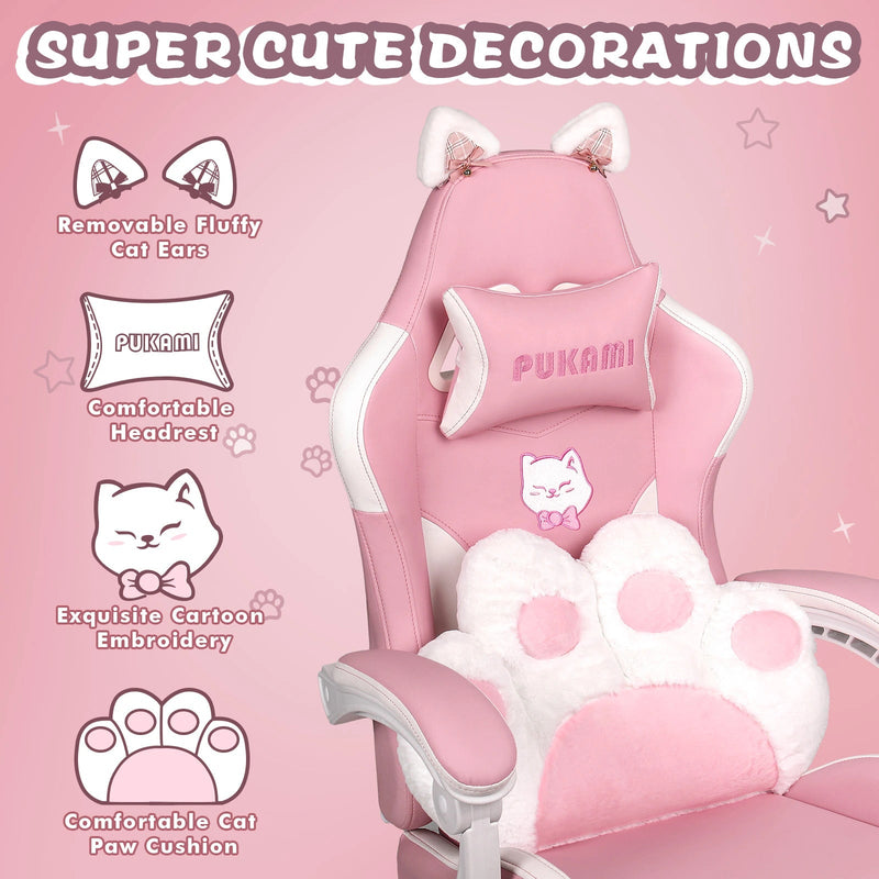 PUKAMI Gaming Chair with Cat Ears and Cat Paw Cushion Pillow