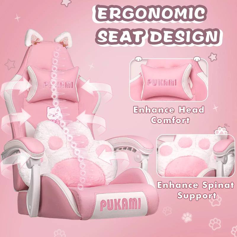 PUKAMI Gaming Chair with Cat Ears and Cat Paw Cushion Pillow