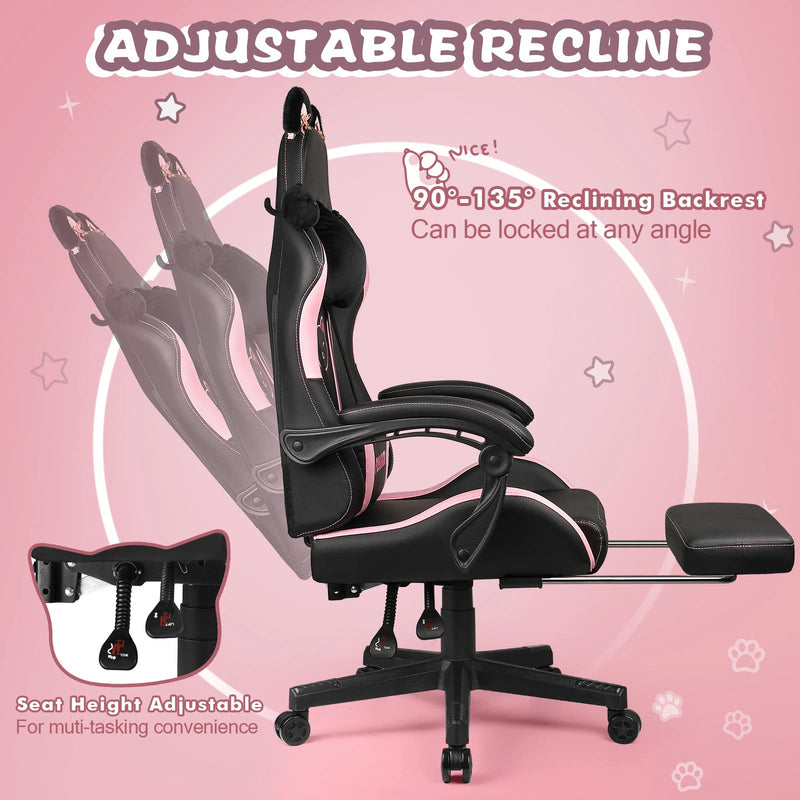 PUKAMI Gaming Chair with Cat Ears and Cat Paw Cushion Pillow