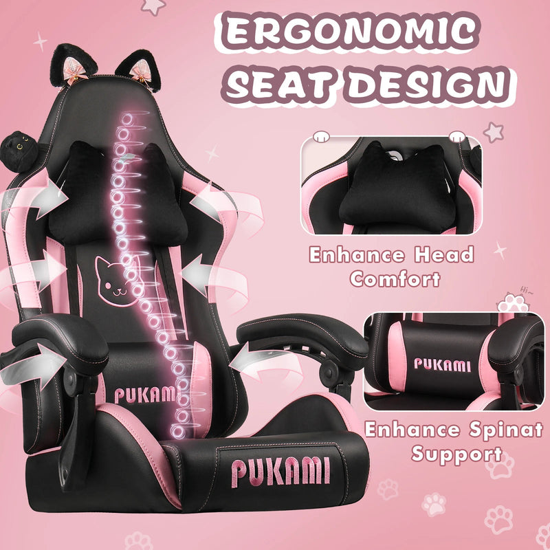 PUKAMI Gaming Chair with Cat Ears and Cat Paw Cushion Pillow