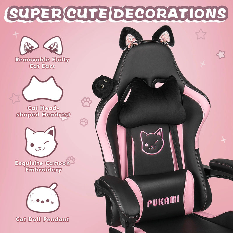 PUKAMI Gaming Chair with Cat Ears and Cat Paw Cushion Pillow