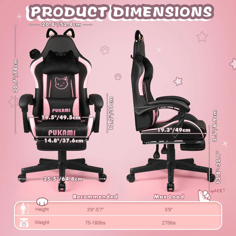 PUKAMI Gaming Chair with Cat Ears and Cat Paw Cushion Pillow