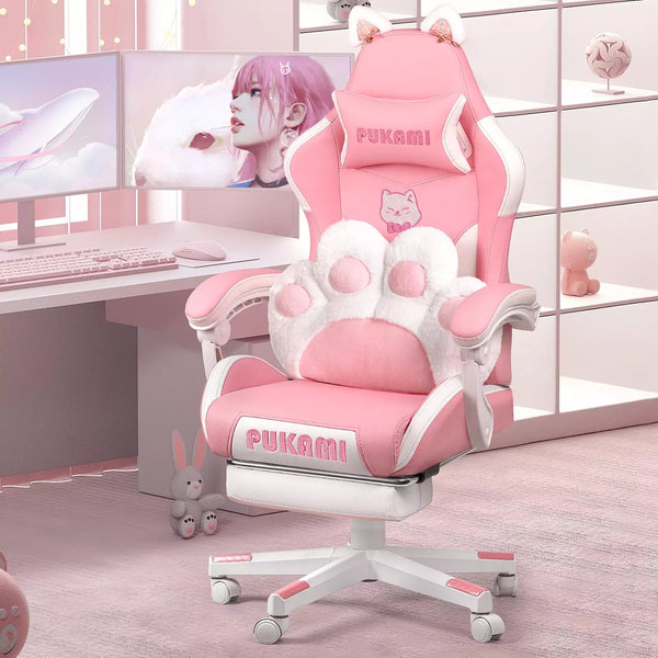 PUKAMI Gaming Chair with Cat Ears and Cat Paw Cushion Pillow