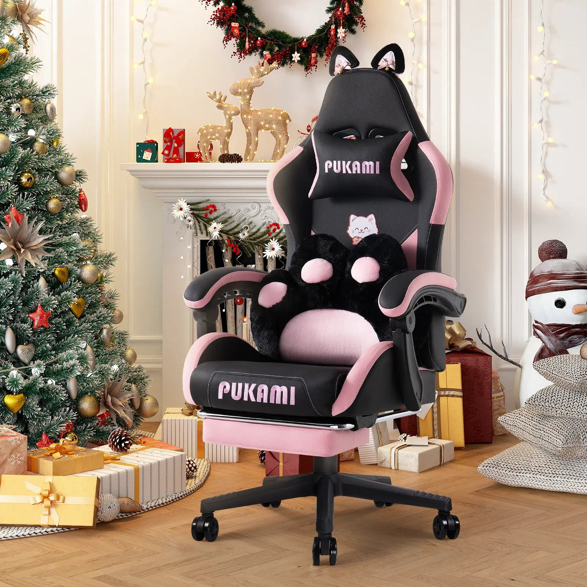 PUKAMI Gaming Chair with Cat Ears and Cat Paw Cushion Pillow