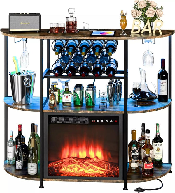 PUKAMI Mini Wine Bar Cabinet with Power Outlet and LED Light, Home Liquor Bar Table with Electric Fireplace, Bar Stand with 4-Tier Storage with Rack and Glass Holder