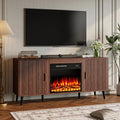 Waleaf 58" Wood Mid Century Modern TV Stand with Fireplace, Entertainment Center up to 65" TV ，Electric Fireplace TV Stand with LED Lights for Living Room
