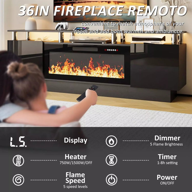 LEMBERI 70 Inches Fireplace TV Stand for TVs up to 80 Inches Console