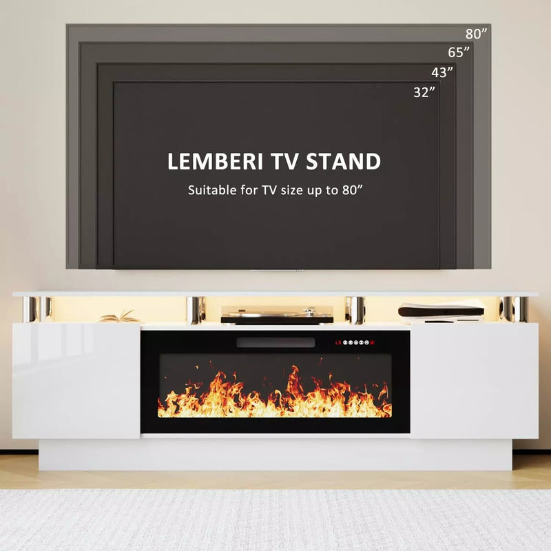 LEMBERI 70 Inches Fireplace TV Stand for TVs up to 80 Inches Console