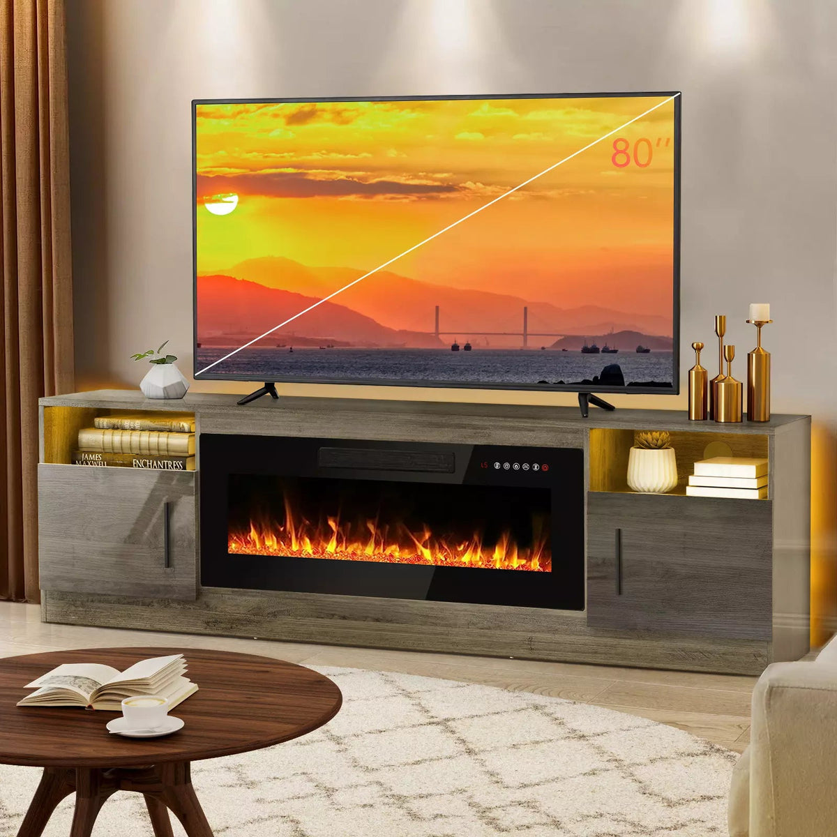 Waleaf 70 inches Fireplace TV Stand with 36 inch Fireplace Up to 80