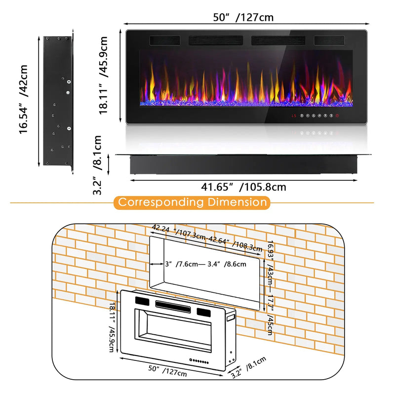 Vitesse Electric Fireplace Recessed and Wall Mounted Heater with Touch Screen Control Panel