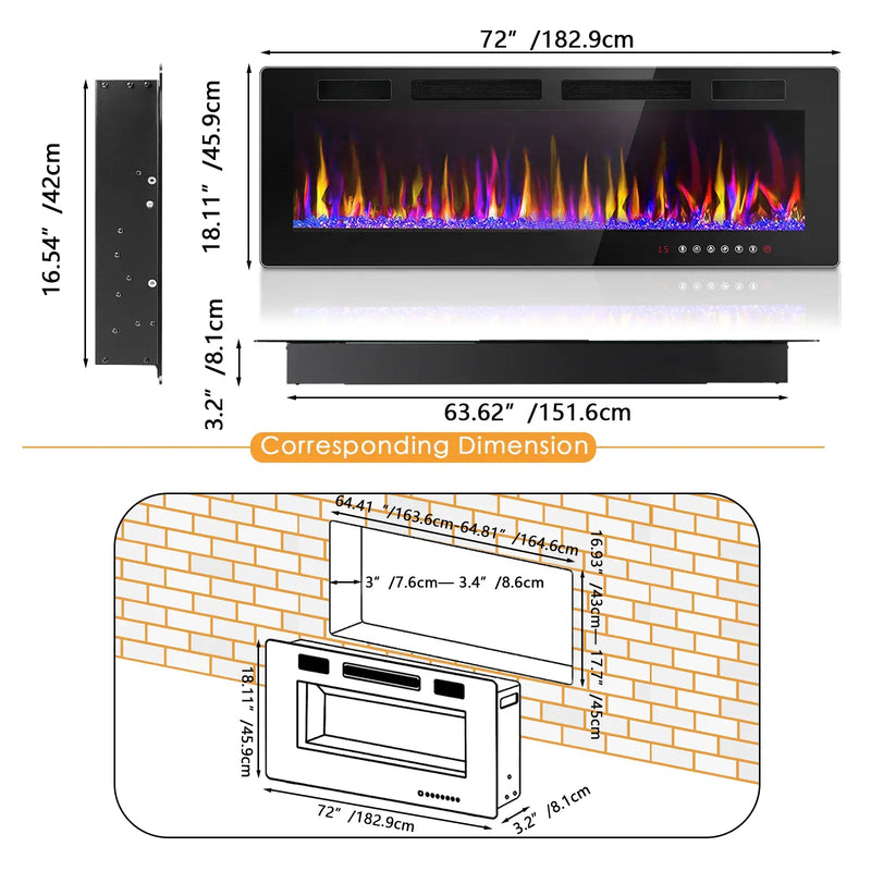 Vitesse Electric Fireplace Recessed and Wall Mounted Heater with Touch Screen Control Panel