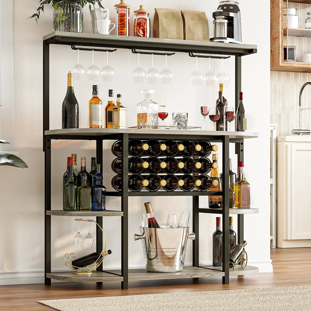 Waleaf 4-Tier Wine Bar Cabinet with Glass Holder, Floor Standing Metal